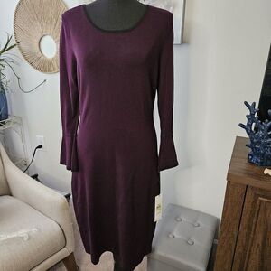 Calvin Klein Bell Sleeve Knee Length Dress Wine Black Trim Sz M Stretch Knit NWT